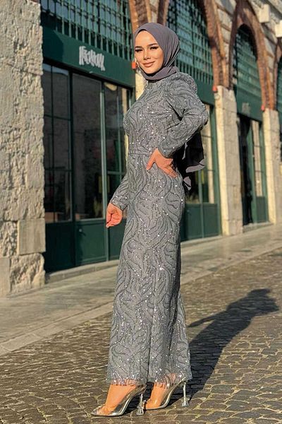 Bym Fashion Branch Patterned Glitter Tulle Evening Dress 1140 Gray