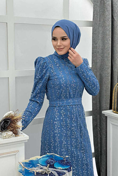 Bym Fashion Floral Patterned Glittery Tulle Evening Dress 1108 Indigo