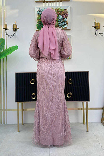 Bym Fashion Βραδινό φόρεμα με μοτίβο μέσης ζώνης ψαριού 1139 αποξηραμένο τριαντάφυλλο