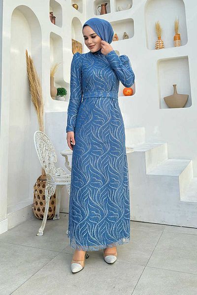 Bym Fashion Ágmintás csillogó tüll estélyi ruha 1140 Indigó