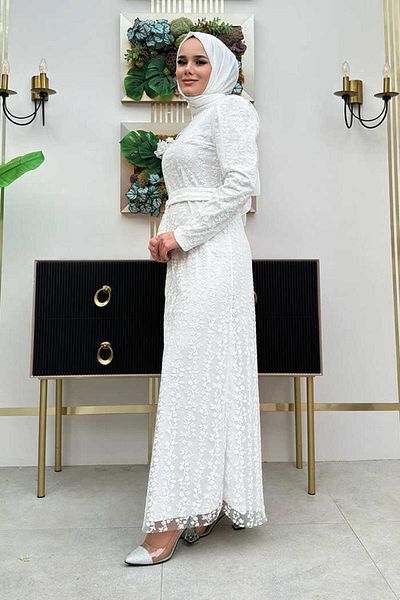 Bym Fashion Floral Patterned Glitter Tulle Evening Dress 1108 Ecru