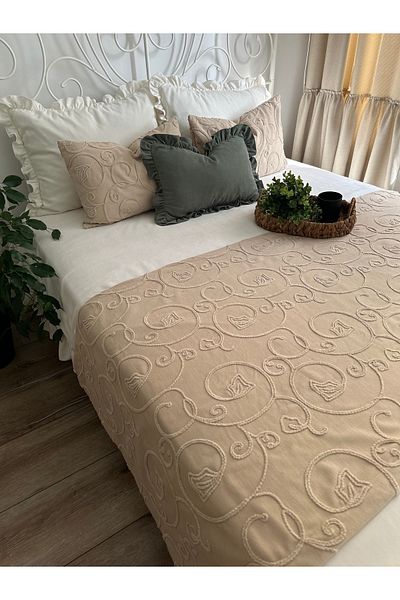Decamor home Beige Embroidered Bed Runner Set Double Bohemian Bedspread