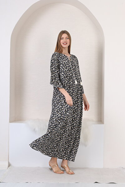 mervemoda Women's large size three quarter sleeve long woven dress