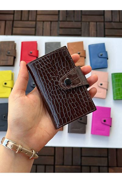 DERKON 100% Genuine Leather Accordion Card Holder Brown Crocodile