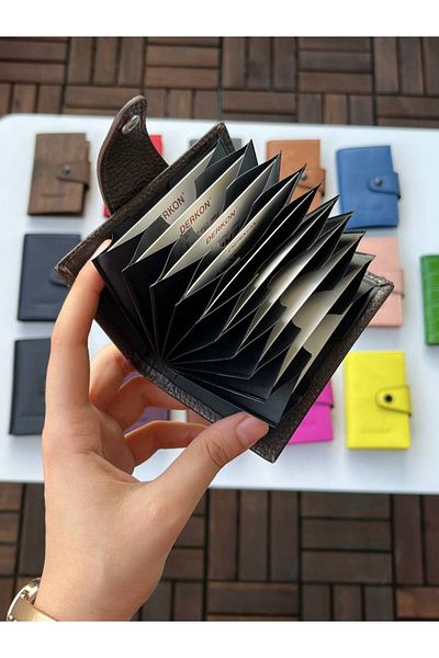 DERKON 100% Genuine Leather Accordion Card Holder Brown