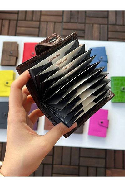 DERKON 100% Genuine Leather Accordion Card Holder Brown Crocodile