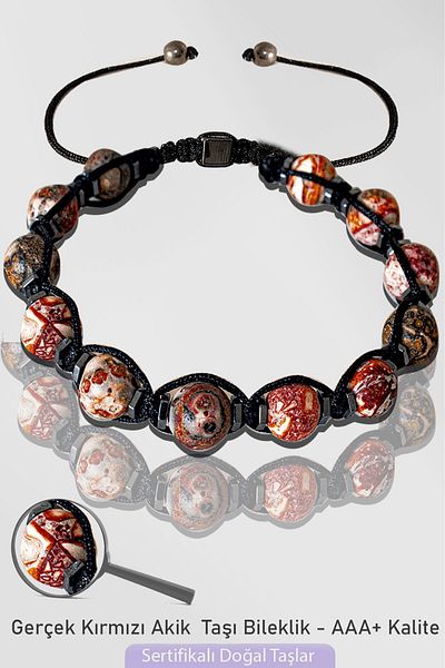 Tesbih Atölyesi Certified Macrame Natural Striped Red Agate Stone Bracelet - Adjustable