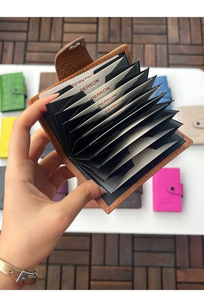 DERKON 100% Genuine Leather Accordion Card Holder Light Tan