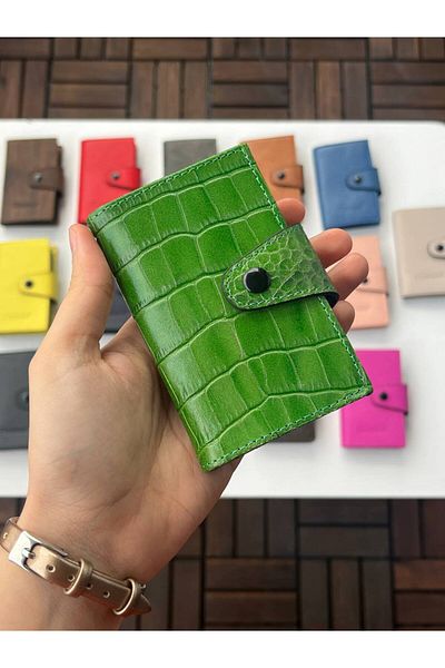 DERKON 100% Genuine Leather Accordion Card Holder Green Croco
