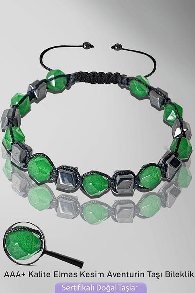 Tesbih Atölyesi Certified AAA+ Diamond Cut Terahertz - Aventurine Stone Bracelet - Adjustable