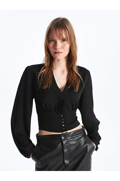 LC Waikiki LCW Vision V-neck Straight Long Sleeve Crop Women's Blouse