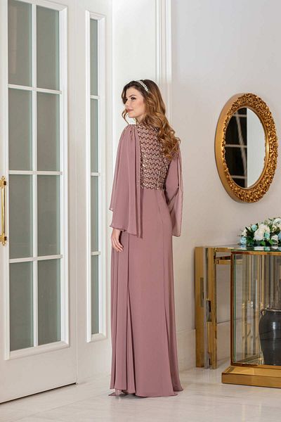 Halezademoda Chiffon Evening Dress Collar Embroidered Belin
