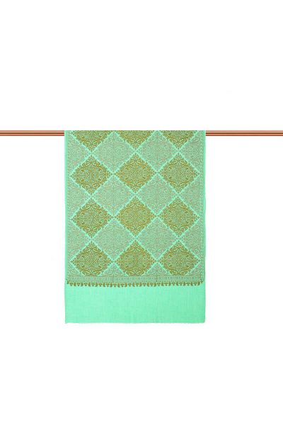 Bursa İpek Green Khaki Embroidered Suzani Wool Shawl