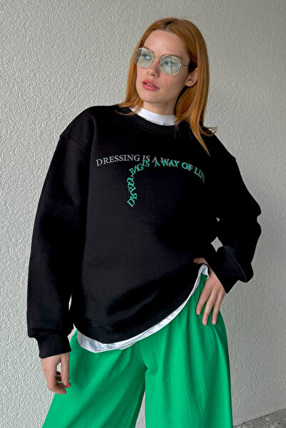 Cappmoda SWT-14246 Black Dressing Design Text Printed Three Thread Raised Sweatshirt