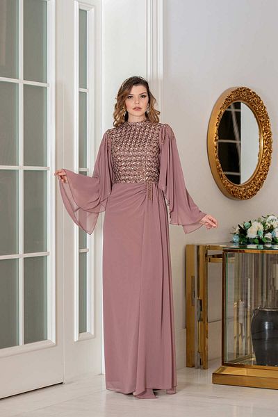 Halezademoda Chiffon Evening Dress Collar Embroidered Belin
