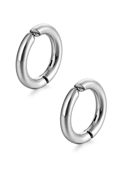 TREND COLLECTİON Gümüş Sıkıştırmalı Deliksiz 316 L Paslanmaz Cerrahi Çelik Unisex Yuvarlak Klasik Halka Küpe (Çift)