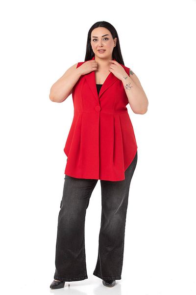 DISENTIS MODEST Large Size Covered Buttoned Skirt Pleated Short Back Red Vest