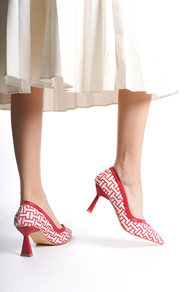 zaınexpress Kırmızı Geometrik Desenli Siviri Burunlu Topuklu Ayakkabı