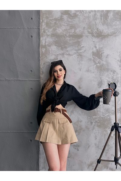 Fav Style Γυναικεία Μίνι Κοντή Φούστα Μπεζ με πλισέ ζώνη