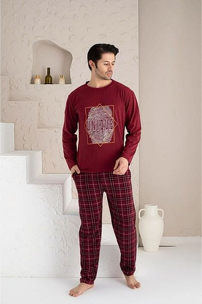 tubgen Men's Pajamas Black Long Sleeve 100% Cotton Plaid Bottom Top Set