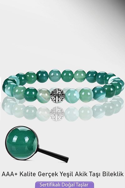 Tesbih Atölyesi Certified Light Transparent Green Agate Stone Bracelet - Silver Apparatus