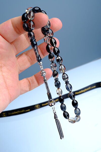 TESBİHEFENDİ Gümüş Püskül Siyah Şeffaf Ateş Kehribar Tesbih