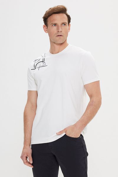 ALTINYILDIZ CLASSICS Weißes Slim-Fit-T-Shirt für Herren aus Baumwolle mit flexiblem Aufdruck und Rundhalsausschnitt