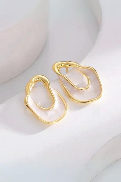 Diloshtrend Design Asymmetric White Enameled Gold Color Earrings