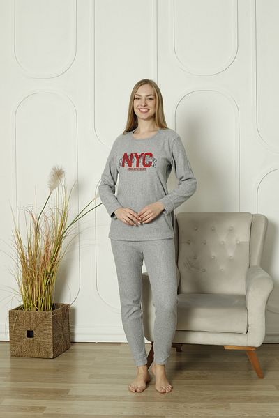 FAMES PİJAMA Women's Long Sleeve Pajama Set NYC Gray