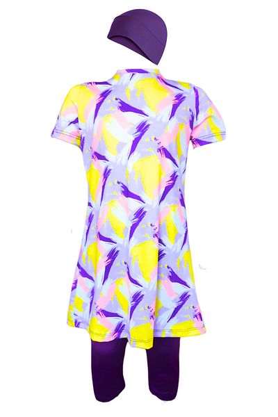 TESMAY Costum de baie pentru copii cu mânecă scurtă cu colanți Set 3 piese Rochie hidrofugă Costum de baie Slim Fit cu bonetă pentru vârstele 5-14