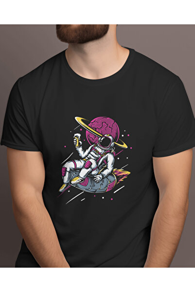 AEMİ Unisex Astronaut Štampano okrugla kragna Oversize kroj 100% pamuk lu Crn...