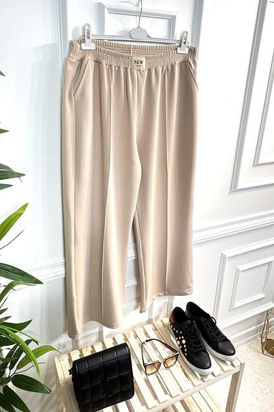 Aşkı Endam Asrın Emblem Detailed Full Stretchy Elastic Waist Wide Leg Trousers - Stone
