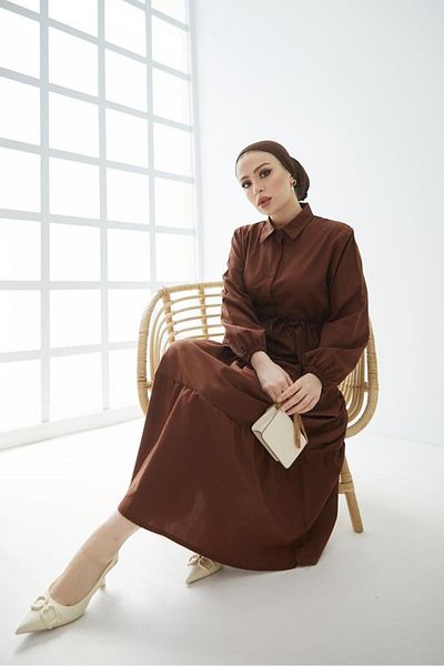 benguen 427 Hemdkragen Geknöpftes Hijab Kleid Braun