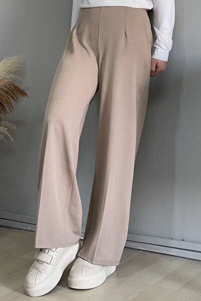InStyle Παντελόνι με φαρδύ πόδι ελαστικό μέσης - Μπεζ