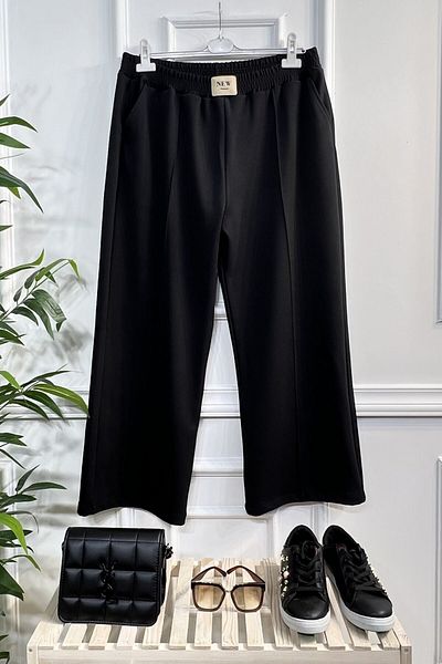 Aşkı Endam Asrın Wide Leg Trousers with Crest Detail and Full Stretch Elastic Waist - Black