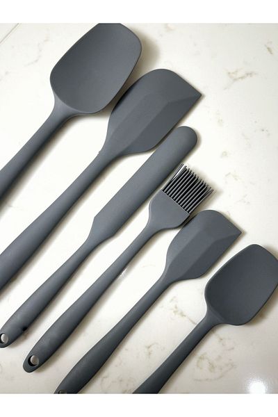 Makkam Home Set of 6 Gray Spatulas Fireproof Non-Stick Kitchen Pastry Silicone Egg Brush Spoon Knife