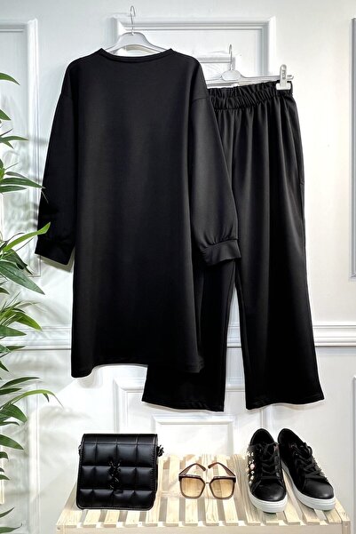 Aşkı Endam Large Size Angel Stone Detailed Combed Cotton Double Set - Black