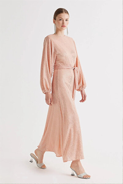 AykaPrive Somon Metalik Pullu Elbise