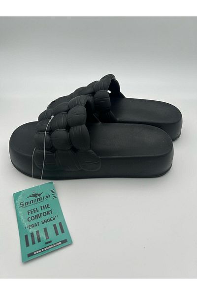 Sonimix Papuci de plajă confortabili, împletite negre, de vară, la piscină