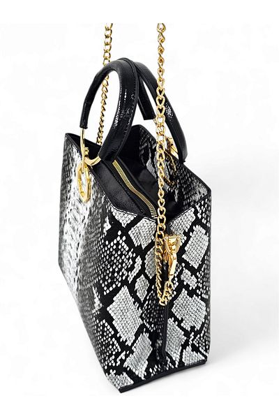 Evident Black Snake Patterned Ring Handle Chain Hand and Shoulder Women's Bag