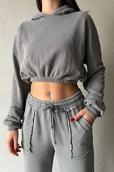Seda Yalçın Atelier Gray Hooded Crop Sweatshirt