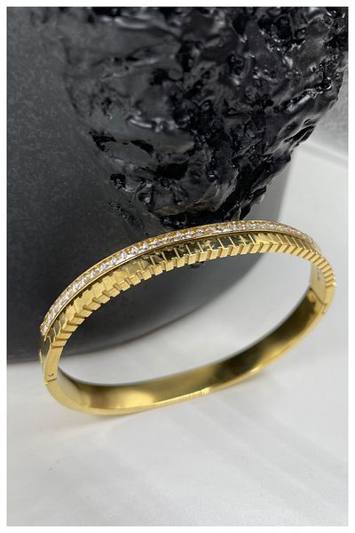 Manken İstanbul Women's Gold Row Stone Model Steel Bracelet, Handcuff Bracelet, Bracelet