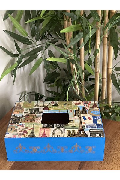 Fun Life Paris Themed Handmade Wooden Handkerchief Box - Blue