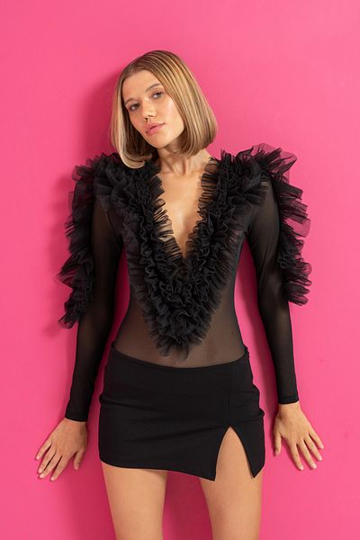 Kikiriki Deep V-neck long-sleeved Tulle bodysuitFold front with fluffy ruffle designSnap closure from the bottom