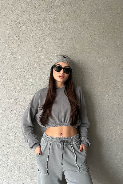 Seda Yalçın Atelier Gray Hooded Crop Sweatshirt