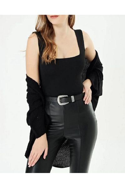BlueTex Women's Square Neck Knitwear Crop Tank Top Black