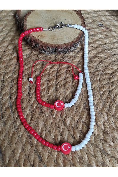 Amabel Jewelerys Turkish Flag Sand Beaded Necklace and Bracelet Set