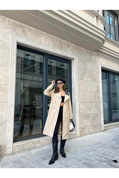 AÈC PRIVÈ Women's Lined Double Breasted Collar Leather Detailed Premium Quality Trench Coat 7777