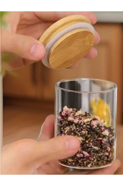 MadaMelya 6-Piece Bamboo Lid Round Thermal Spice Jar 6x8cm 6 Pieces Vacuumed Lid