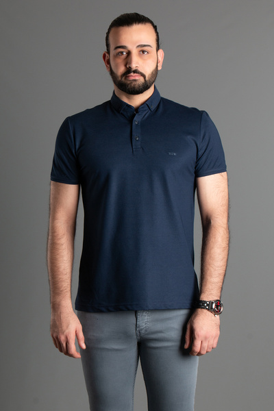 ZEKİ ÖZER Erkek Lacivert Dokulu Düğmeli Yaka Polo Yaka T-shirt